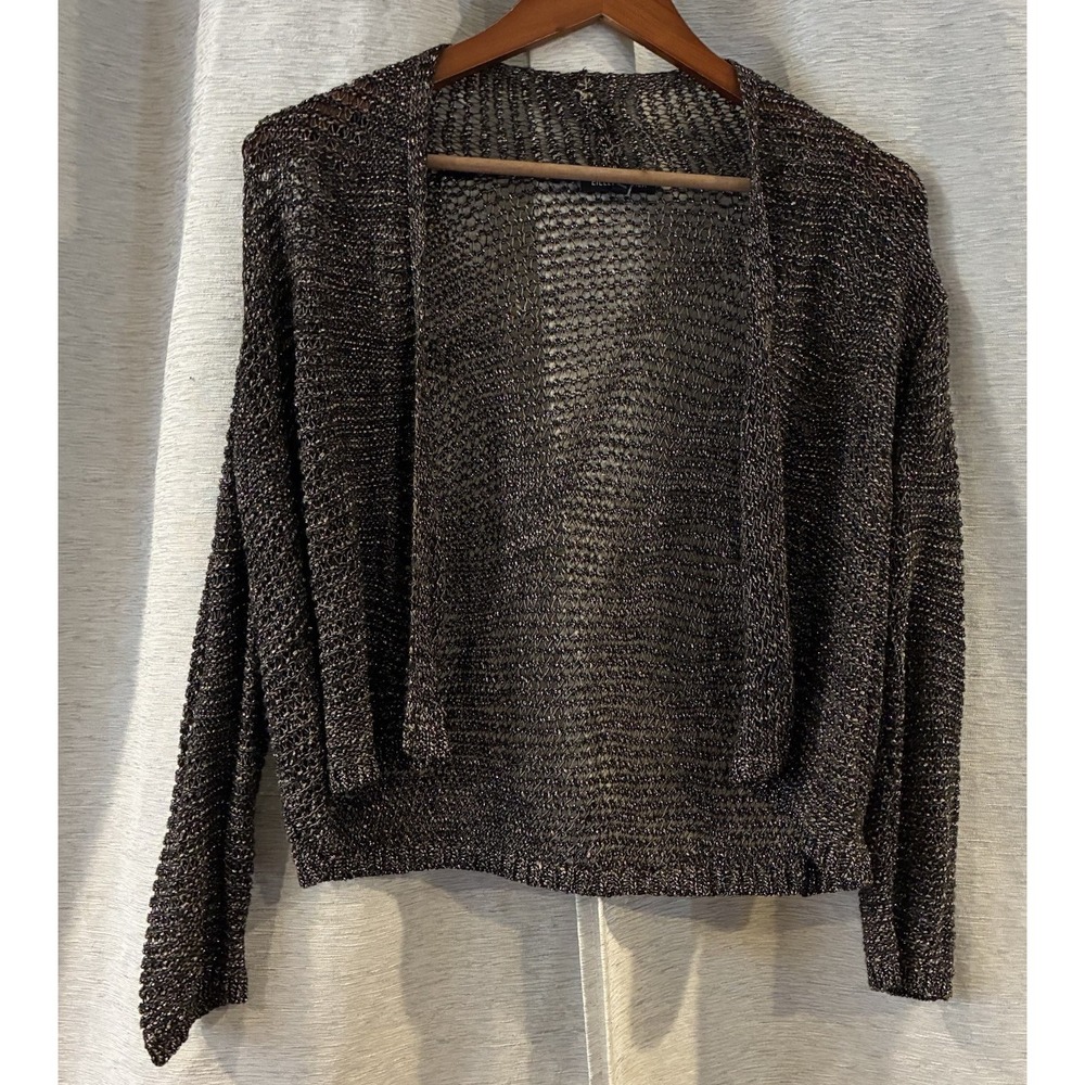 Eileen Fisher Womens S Grey Metallic Cardigan Open Knit Italian Yarn Lagenlook